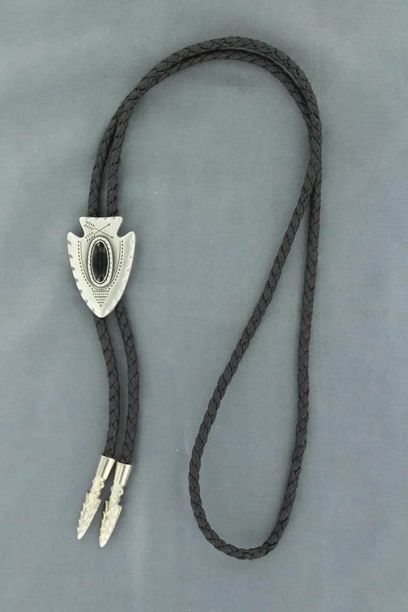 Double S Antiqued Silver Arrowhead Bolo Tie with Black Stone Center