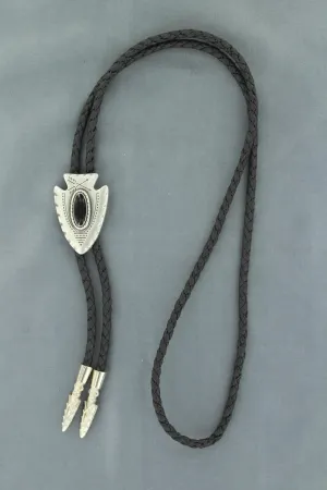 Double S Antiqued Silver Arrowhead Bolo Tie with Black Stone Center