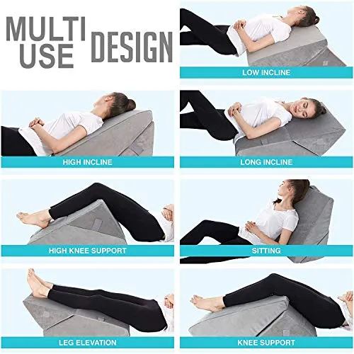 Grin Health Orthopedic Bed Wedge Pillow, Multi Purpose Adjustable Pillow for Legs and Back Support Pillow (22 x 22 x 10 inches, Grey, Foldable)