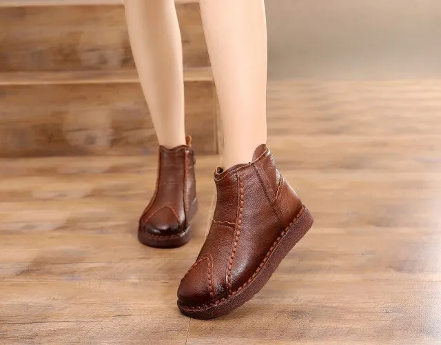 Handmade Retro Women Shoes Flat Boots 2019 Newest Comfort Warm Winter Boots Soft Cowhide Leather Boots Shoes