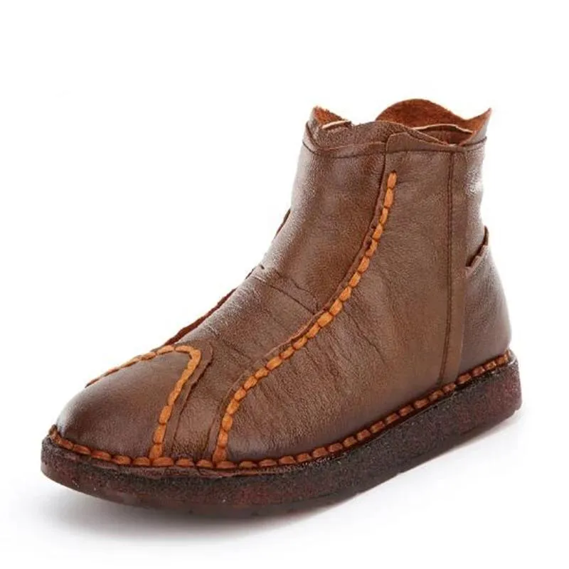 Handmade Retro Women Shoes Flat Boots 2019 Newest Comfort Warm Winter Boots Soft Cowhide Leather Boots Shoes