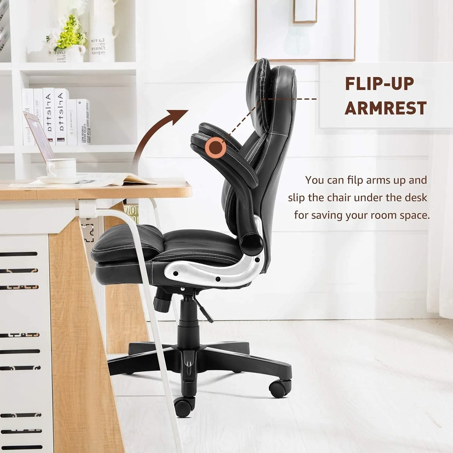 Home Office Chair High Back PU Leather Desk Chair Flip-Up Armrests Ergonomic Computer Chair with Lumbar Support, Black