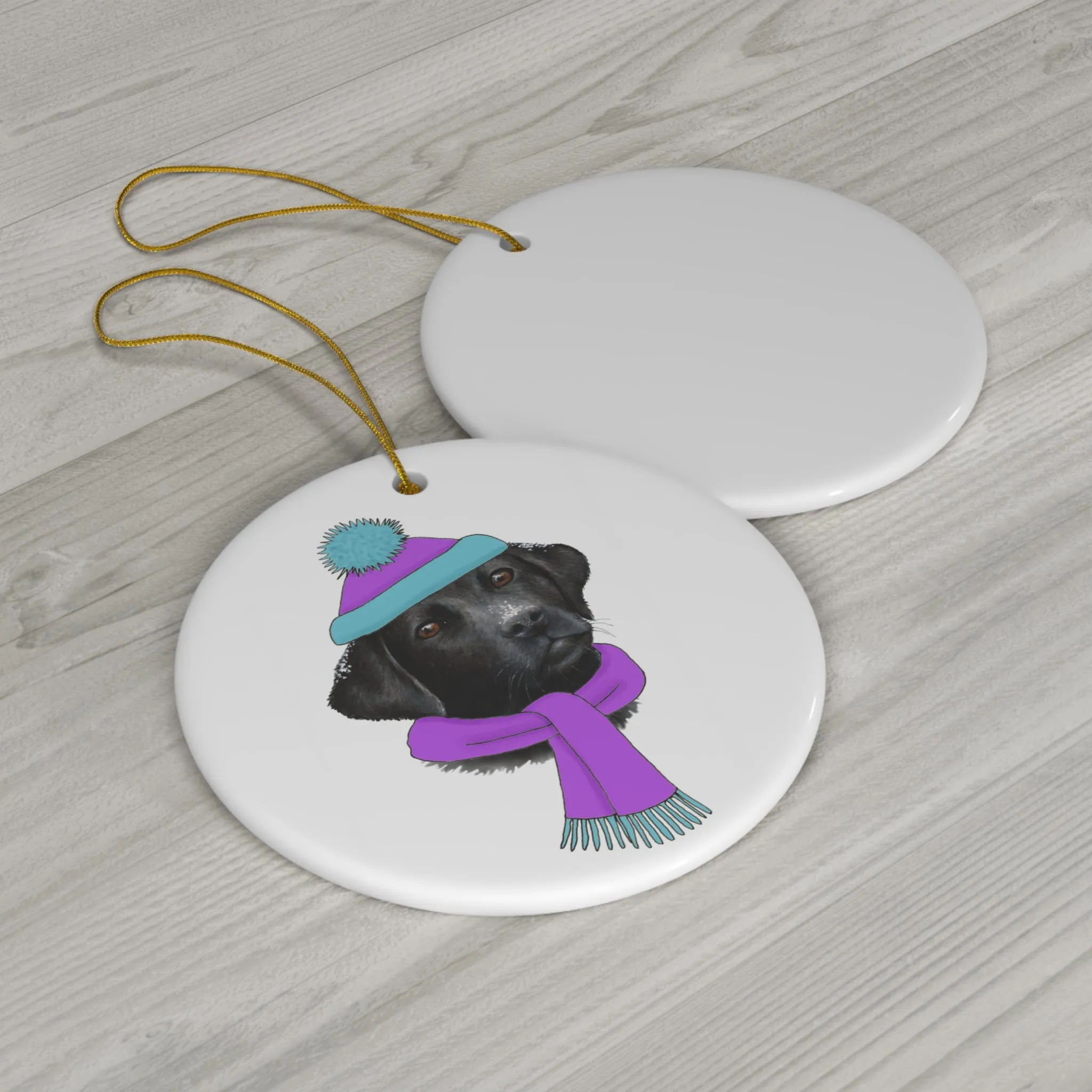 Lab in Purple Winter Gear Ceramic Disc Ornament            Item #2083025