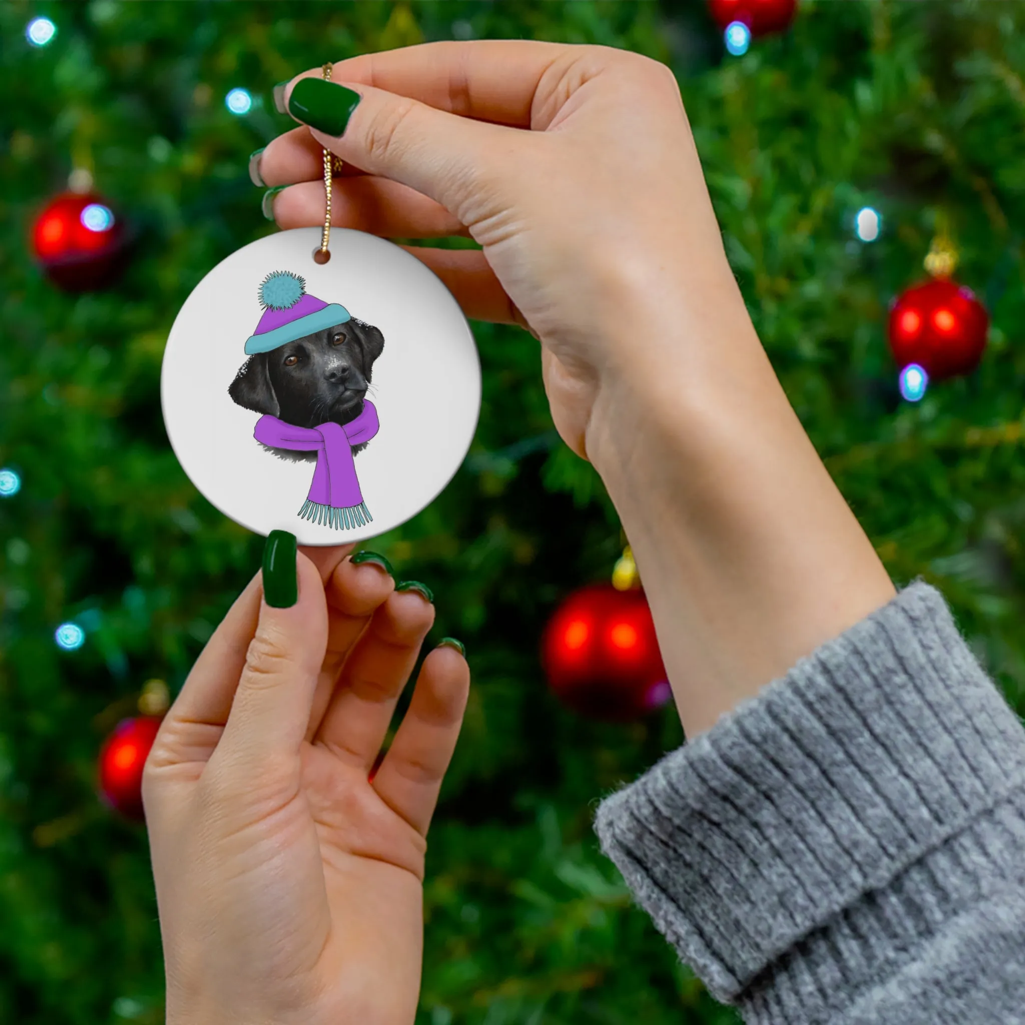 Lab in Purple Winter Gear Ceramic Disc Ornament            Item #2083025