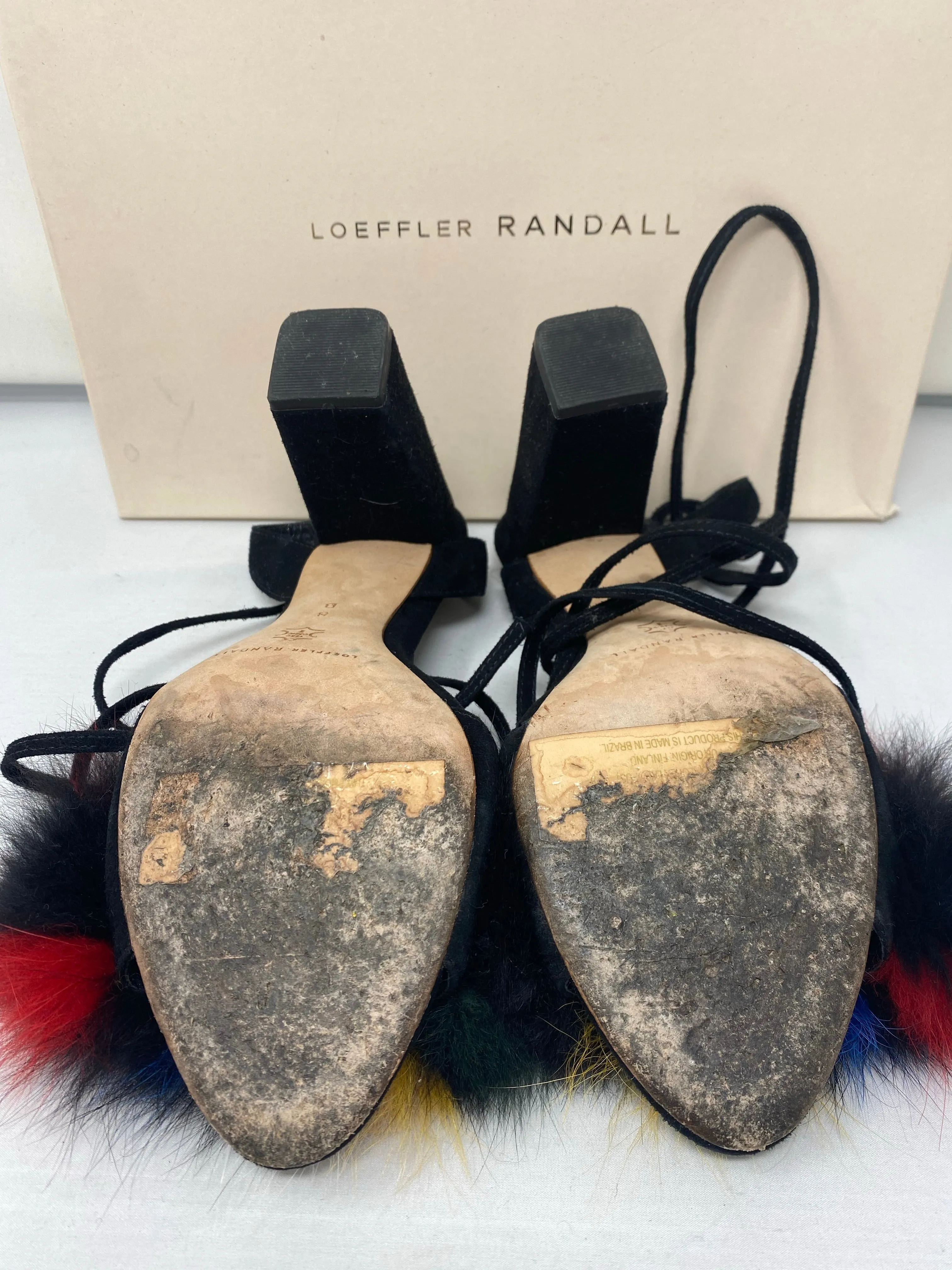 Loeffler Randall Black Suede Sandals with Real Colored Fox Fur