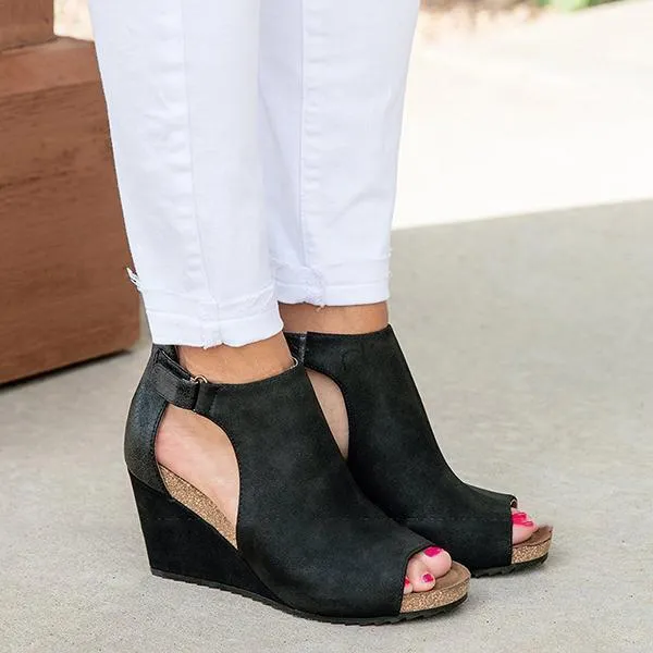 Lydiashoes Peep Toe Blocking Hook-Loop Wedges Shoes