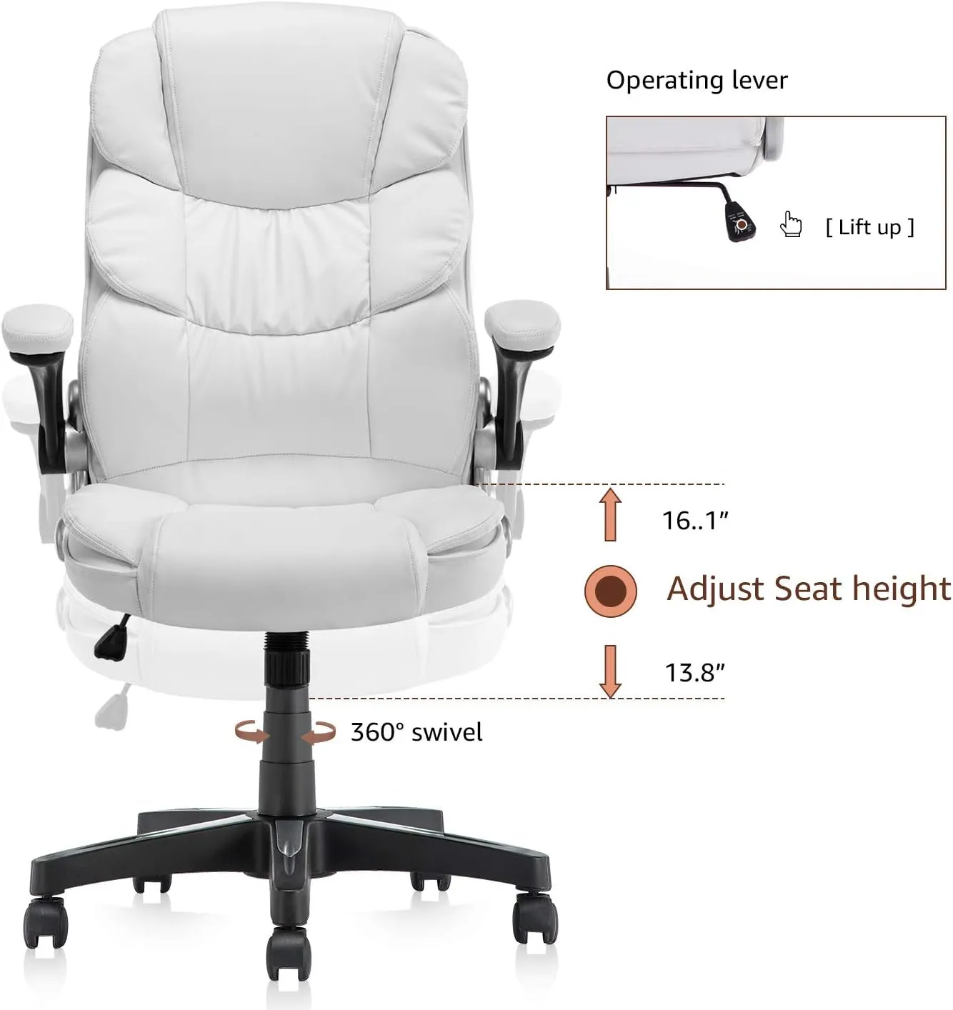 Office Chair, High Back Premium PU Leather Office Computer Swivel Desk Task Chair, Ergonomic Executive Chair with Lumbar Padding and Flip-Up Armrests (61AB33WH)