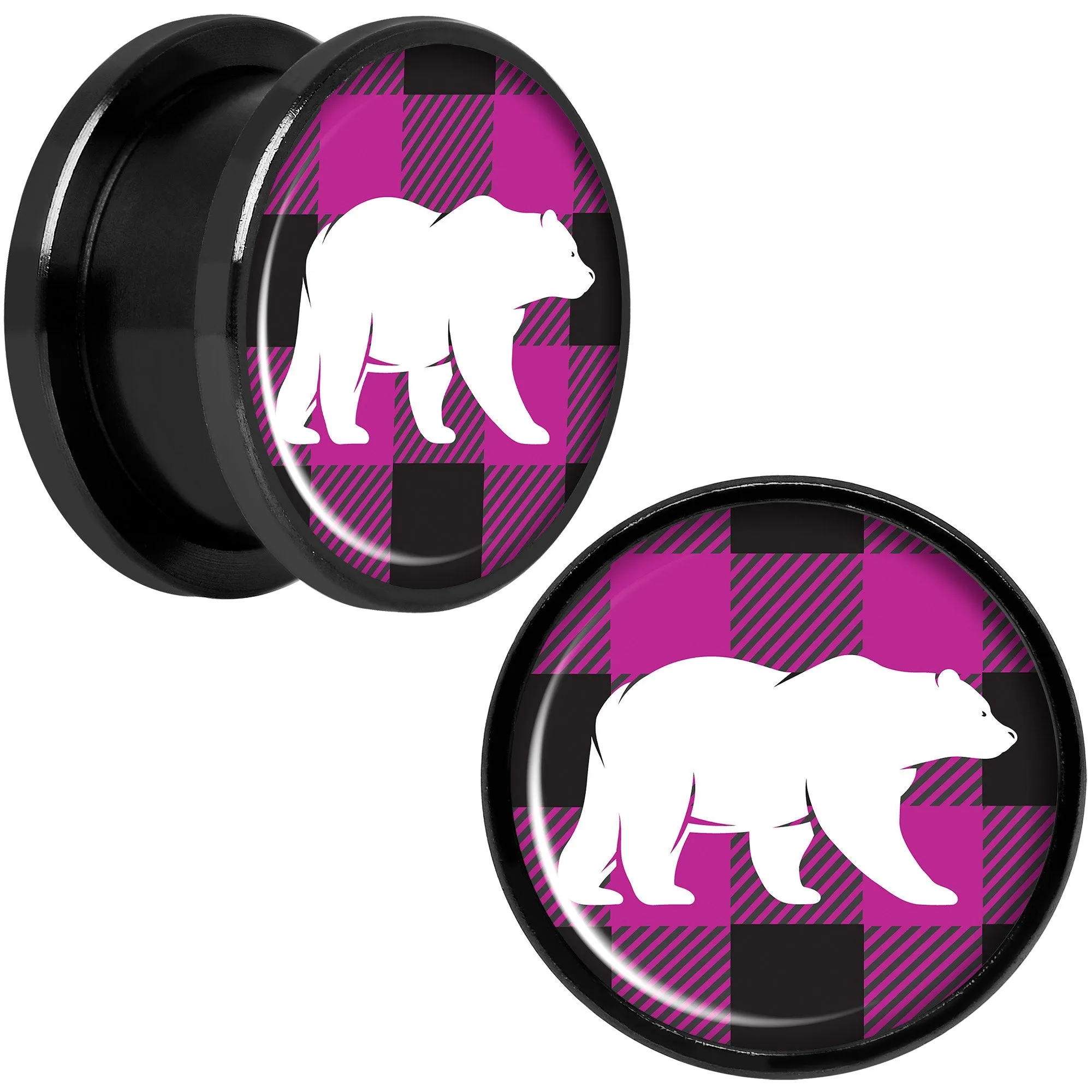 Pink Black Plaid Polar Bear Black Screw Fit Plug Set Sizes 5mm to 20mm