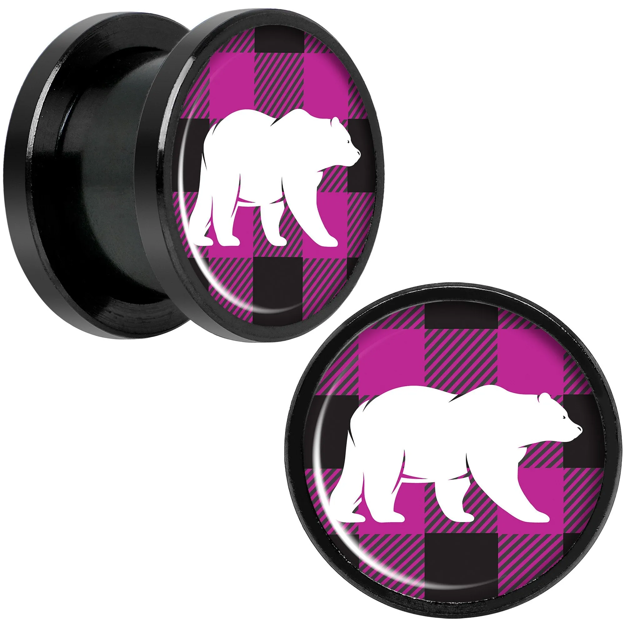 Pink Black Plaid Polar Bear Black Screw Fit Plug Set Sizes 5mm to 20mm