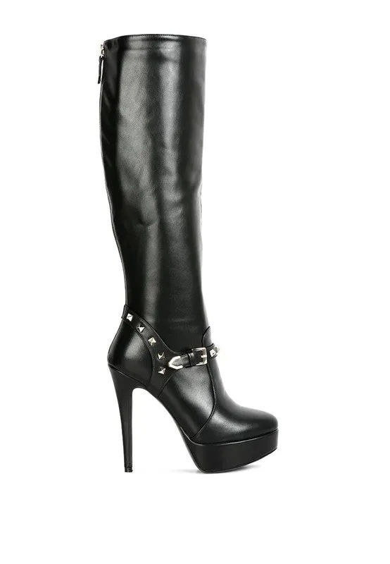 Size US 9 Black Nephele Silver Stud Stiletto Calf Boots