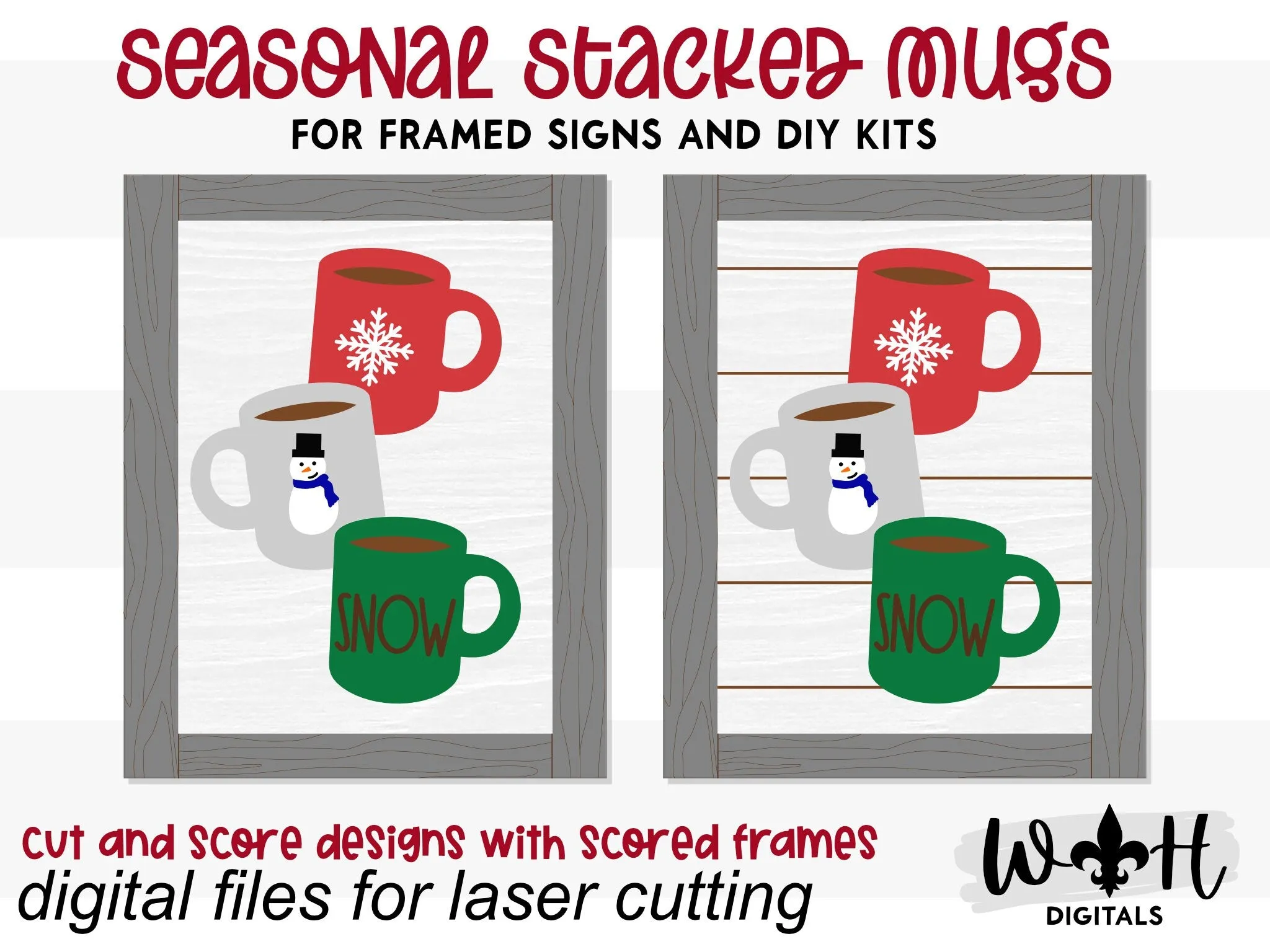 Snow Stacked Coffee Mugs Farmhouse Frame Sign - Winter Tiered Tray Decor and DIY Kits - Cut File For Glowforge Lasers - Digital SVG File