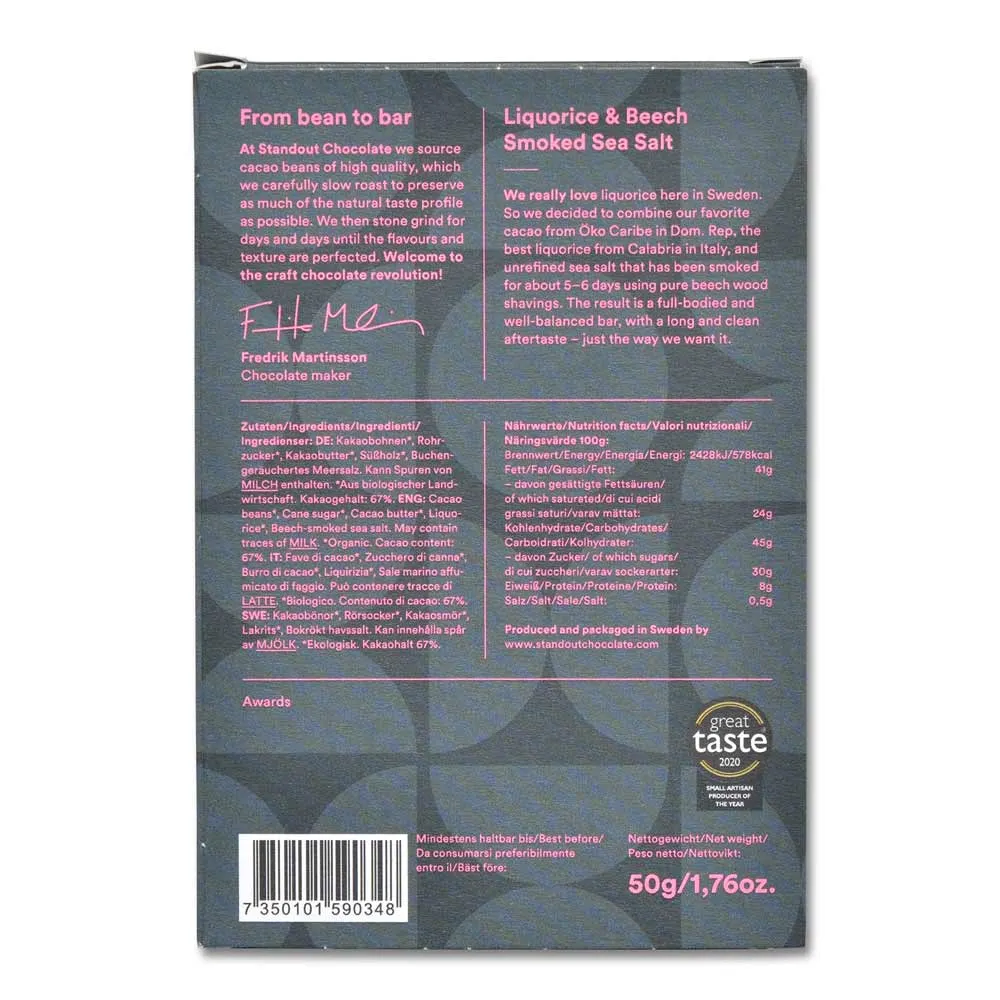 STANDOUT SWEDISH FAVOURITES LIQUORICE & BEECH SMOKED SEA SALT 67%, 50G