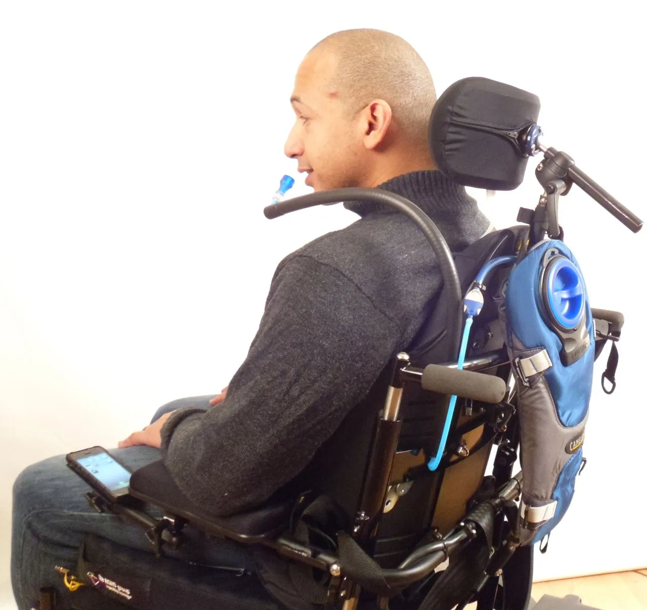 Wheelchair Backrest or Headrest Mount Bundles - with Hydration, Wireless Sip-n-Puff, Nurse Call, and Lip/Chin Joystick Mouse or Gaming