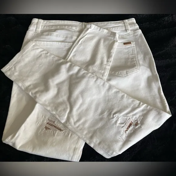 White Distressed Denim Jeans With Gold Sequin Accents. Size 6