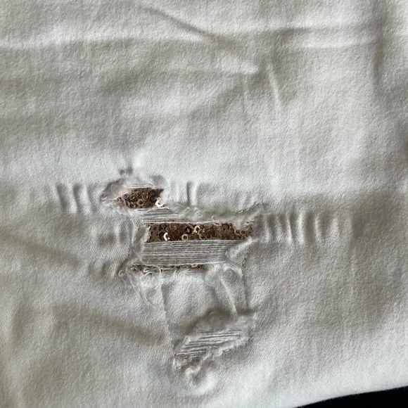 White Distressed Denim Jeans With Gold Sequin Accents. Size 6