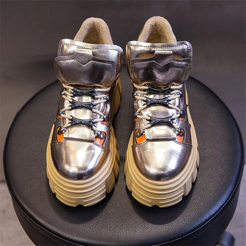 winter snow boots 7 cm platform leather ankle boots genuine leather  British style Genuine Leather Lace-up Casual shoes