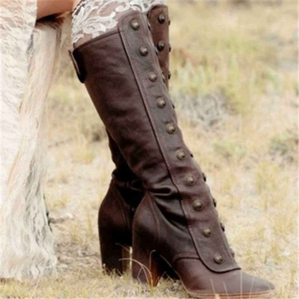 Women Fashion Side Zip Booties Knee High Boots High Heels Retro Shoes High Boots Leather Boots Women
