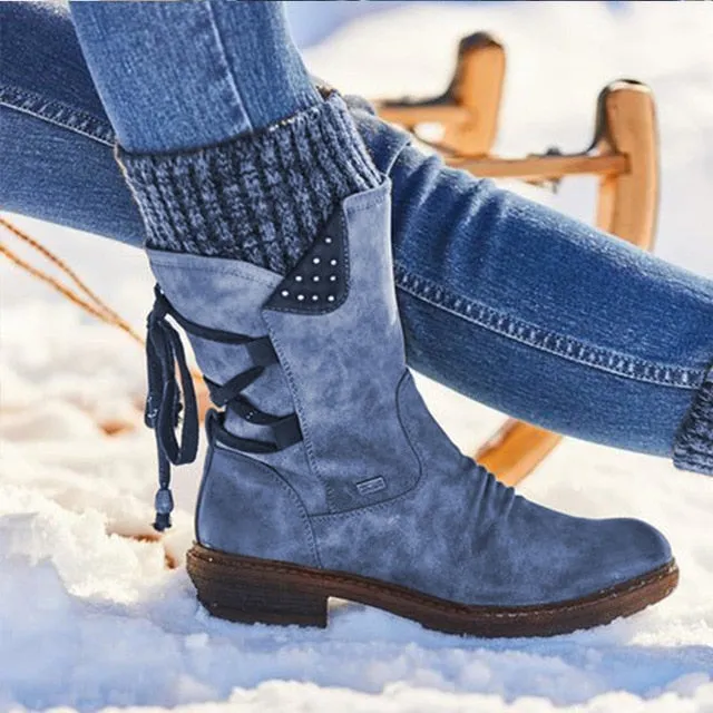 Women Winter Mid-Calf Boots Flock Winter Shoes