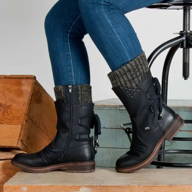Women Winter Mid-Calf Boots Flock Winter Shoes