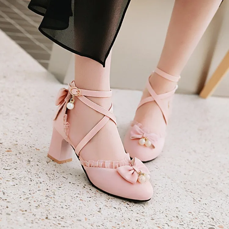 Women's Ankle Strap Butterfly Knot Pearl Cross Tied Strap Block Heel Sandals