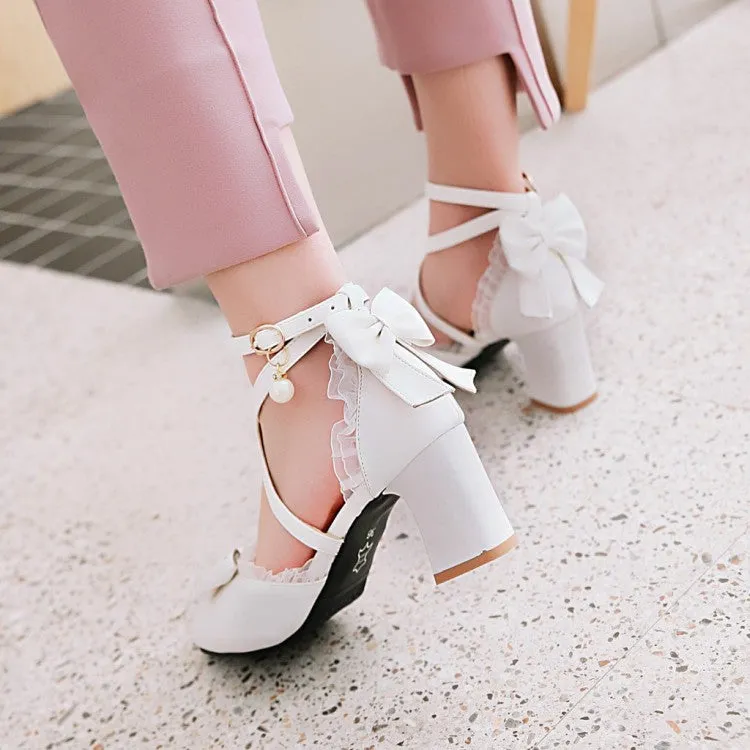 Women's Ankle Strap Butterfly Knot Pearl Cross Tied Strap Block Heel Sandals