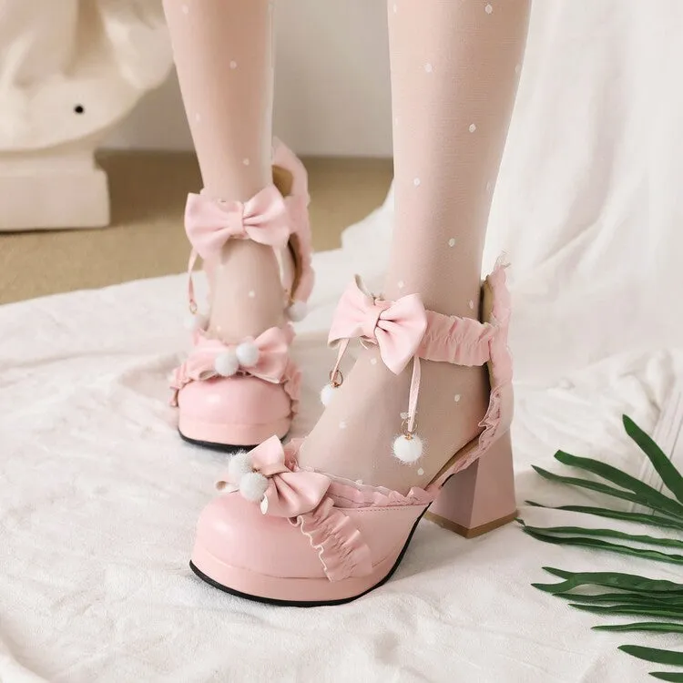 Women's Lace Bow Tie Ankle Strap Block Heel Platform Sandals