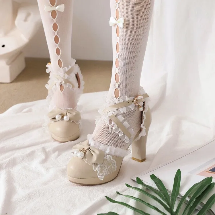 Women's Lolita Lace Ankle Strap Pearls Butterfly Knot Chunky Heel Platform Sandals