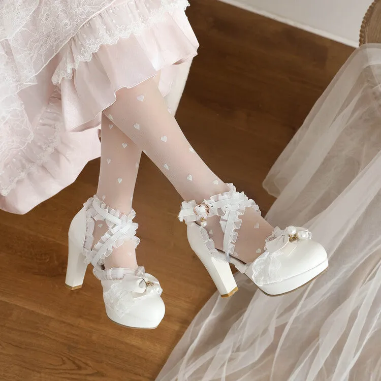 Women's Lolita Lace Ankle Strap Pearls Butterfly Knot Chunky Heel Platform Sandals