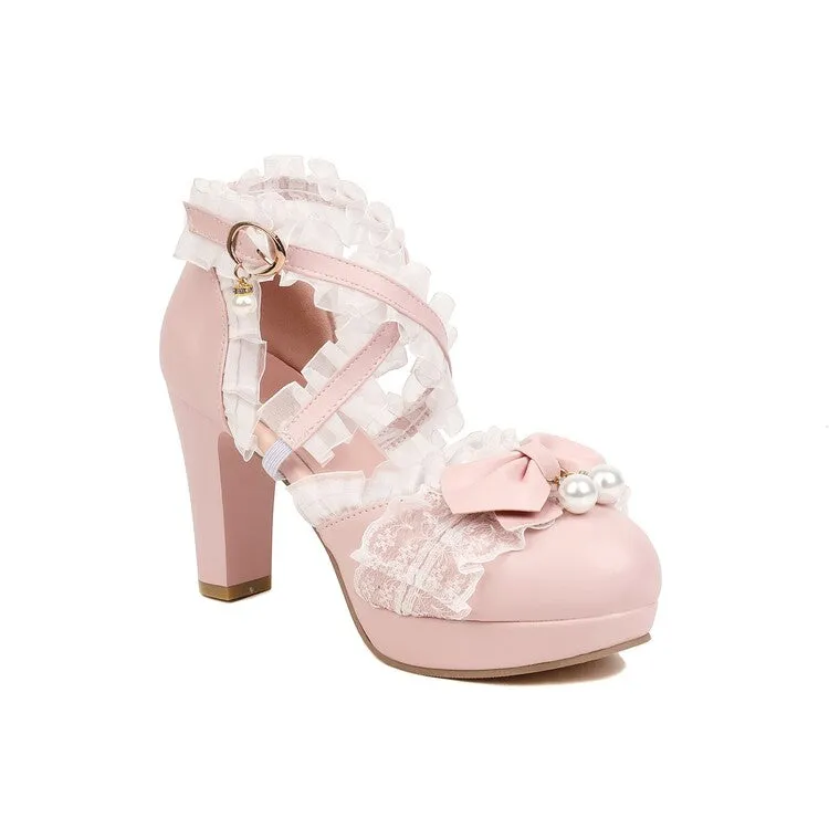 Women's Lolita Lace Ankle Strap Pearls Butterfly Knot Chunky Heel Platform Sandals