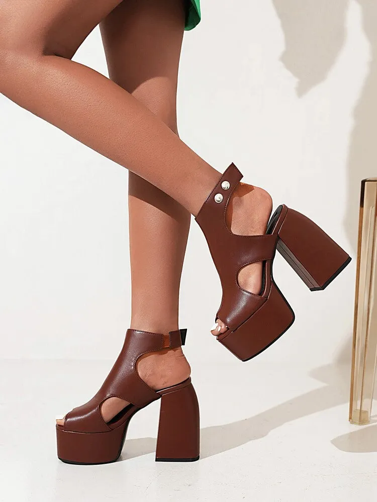 Women's Solid Color Peep Toe Thick Sole Block Heel Platform Sandals