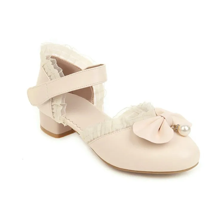 Women's Solid Color Round Toe Butterfly Knot Pearls Lace Hollow Out Block Heel Low Heels Sandals