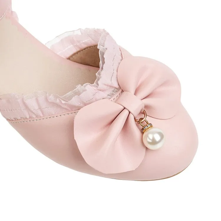 Women's Solid Color Round Toe Butterfly Knot Pearls Lace Hollow Out Block Heel Low Heels Sandals