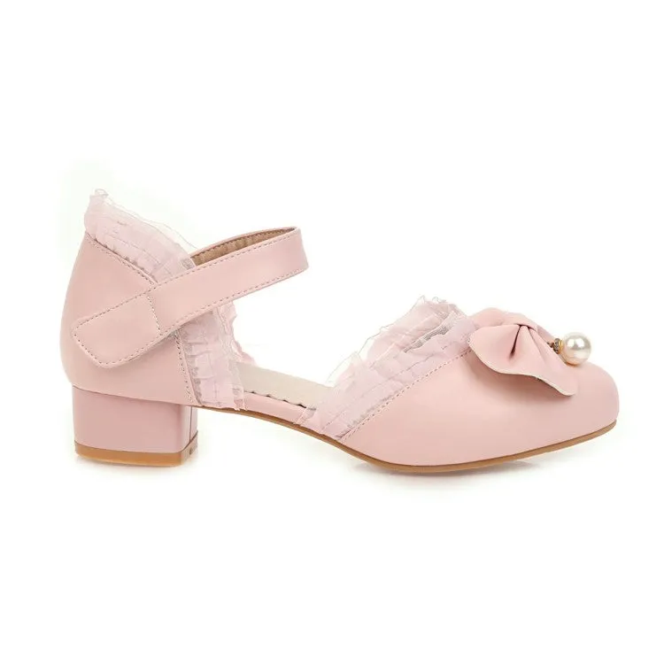 Women's Solid Color Round Toe Butterfly Knot Pearls Lace Hollow Out Block Heel Low Heels Sandals