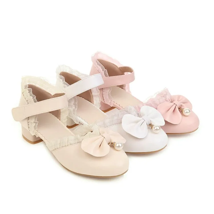 Women's Solid Color Round Toe Butterfly Knot Pearls Lace Hollow Out Block Heel Low Heels Sandals