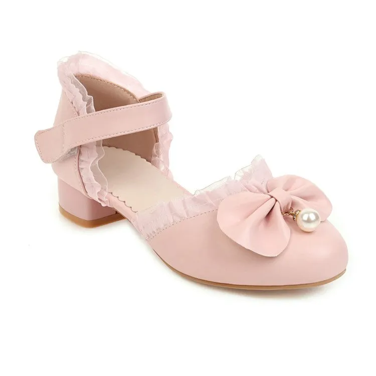 Women's Solid Color Round Toe Butterfly Knot Pearls Lace Hollow Out Block Heel Low Heels Sandals