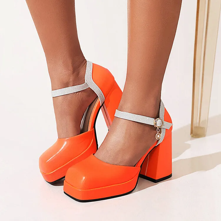 Women's Square Toe Ankle Strap Metal Buckle Platform Block Heel Sandals