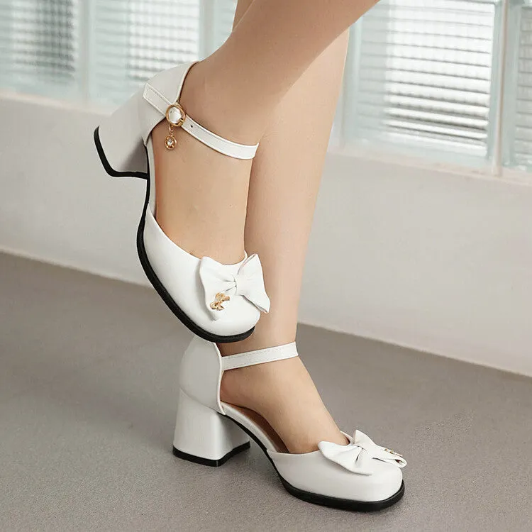 Women's Square Toe Bow Tie Ankle Strap Block Chunky Heel Sandals