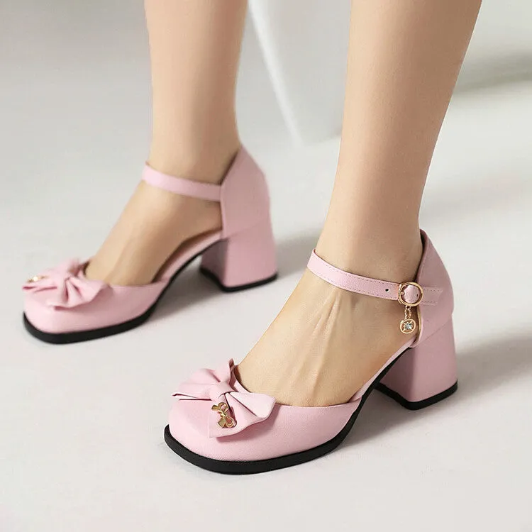 Women's Square Toe Bow Tie Ankle Strap Block Chunky Heel Sandals