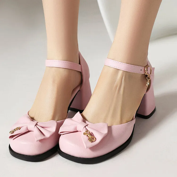 Women's Square Toe Bow Tie Ankle Strap Block Chunky Heel Sandals
