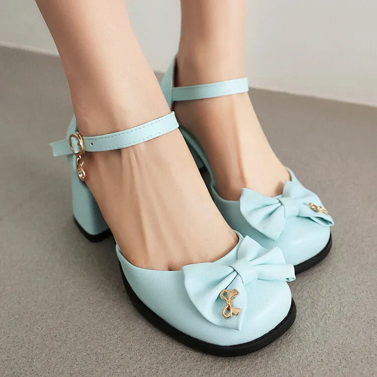 Women's Square Toe Bow Tie Ankle Strap Block Chunky Heel Sandals