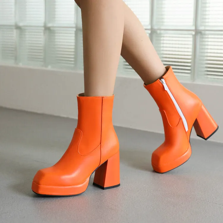 Women's Square Toe Side Zippers Block Heel Platform Short Boots