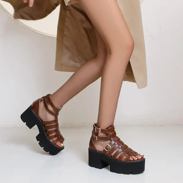 Women's's Hollow Out Ankle Strap Buckle Thick Sole Chunky Heel Platform Sandals