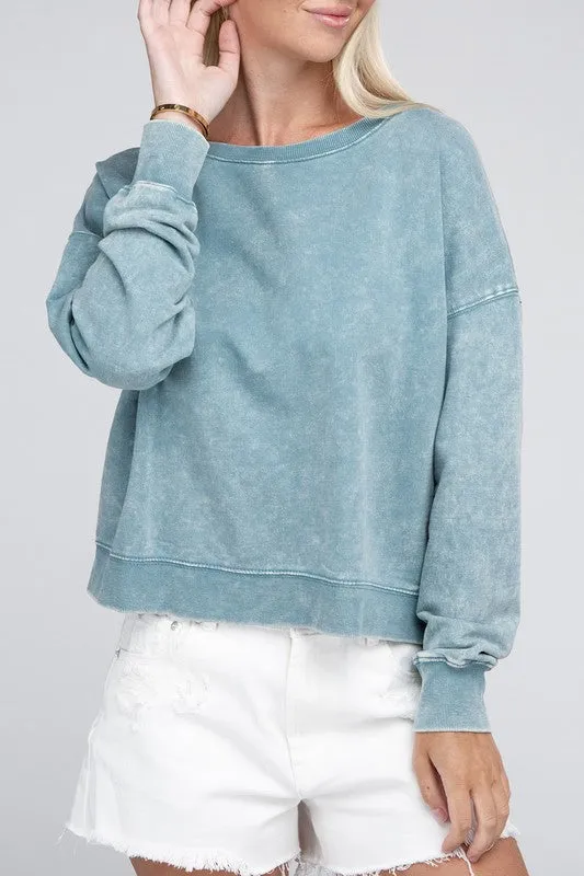 ZENANA French Terry Acid Wash Boat Neck Pullover